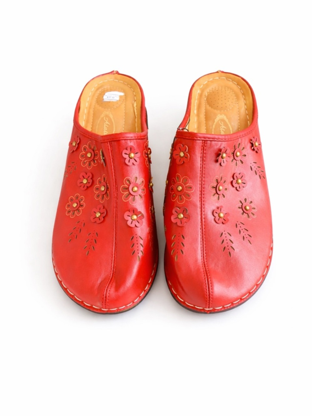 Atalina Red Leather Floral Comfort Clog Mules EU 41.5 / US 10.5